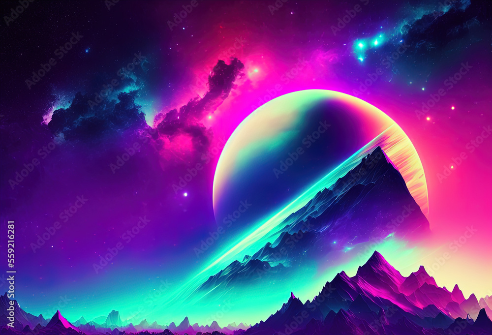 Neon color night sky art illustration. Generative AI Neon color night sky art illustration. Generative AI