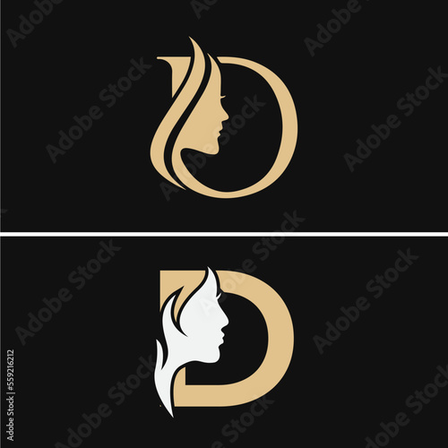 Letter D Beauty Girl Logo Design - Vector illustration template,
Letter D beauty Face Logo Design, luxury elegant gold letter D logo design, initial D logo. monogram, typography letter D.