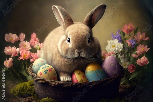 a painting of a rabbit sitting in a basket with eggs and flowers in the background  with a dark background  and a light brown background with pink and white flowers  and blue .