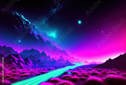 Neon color night sky art illustration. Generative AI