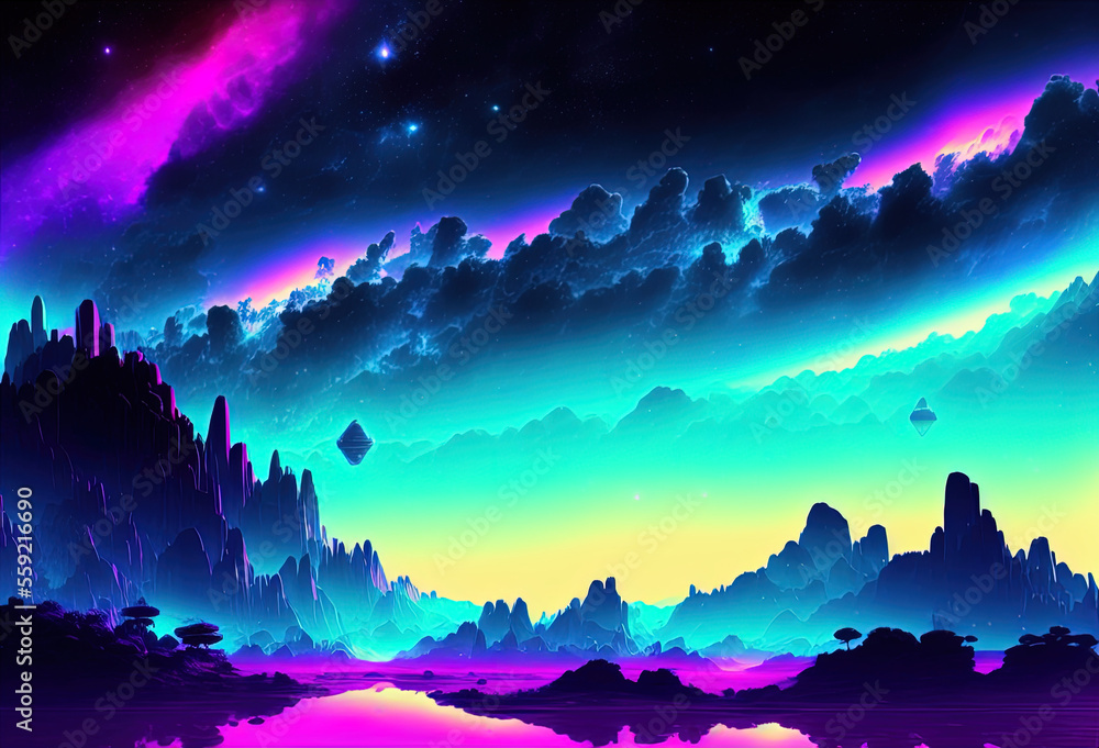 Neon color night sky art illustration. Generative AI