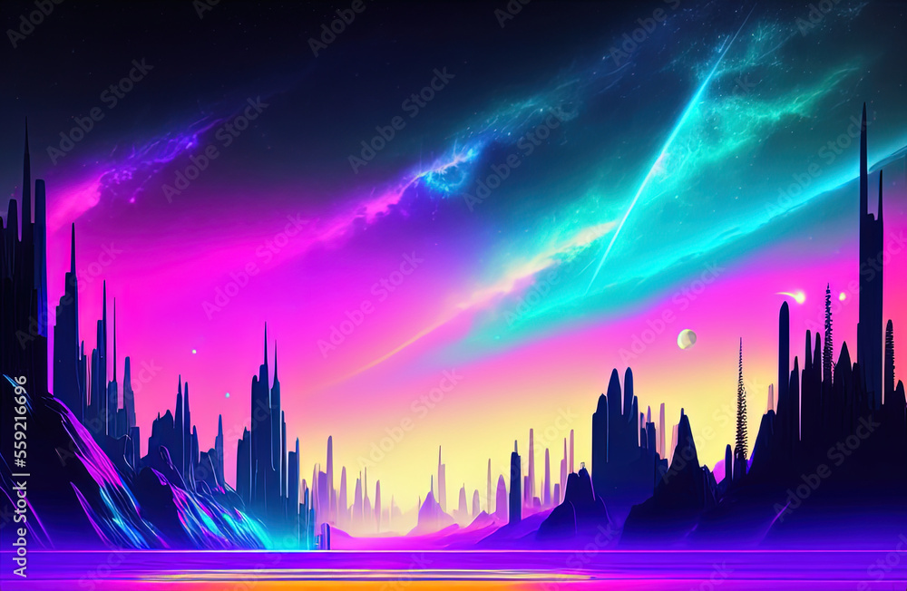 Neon color night sky art illustration. Generative AI Neon color night sky art illustration. Generative AI