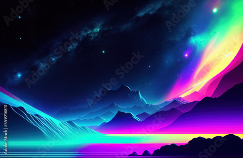 Neon color night sky art illustration. Generative AI © lndstock