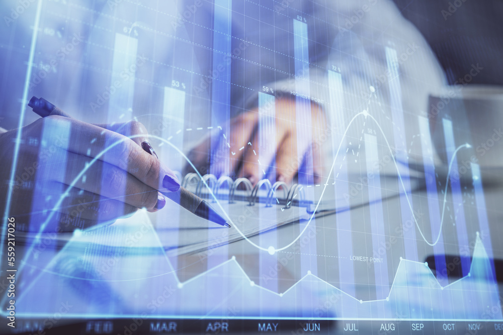 Double exposure of woman's hands making notes with forex graph hologram. Concept technical analysis. Double exposure of woman's hands making notes with forex graph hologram. Concept technical analysis.