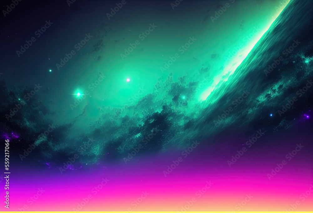 Neon color night sky art illustration. Generative AI
