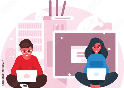 Coworking concept vector. PC with wi-fi router. Computer display with logon window. Programmers sitting in lotus pose with laptop and working. Coding experience and software development. Vector