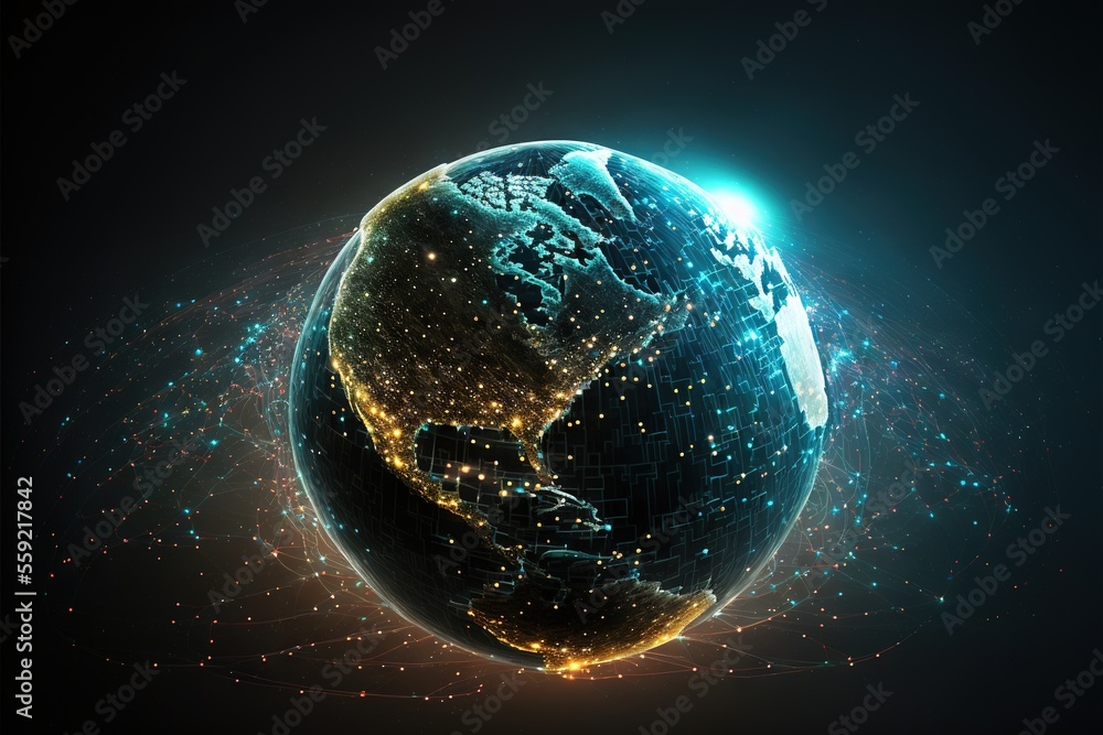 a glowing earth with a dark background and a blue sky with stars and ...