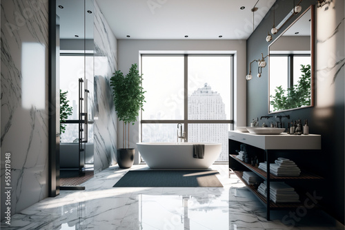 Luxury modern bathroom interior design with glass walk-in shower, spacious large minimal, Stylish vessel sink, mirror, bathtub, toilet bowl, green plants and shampoos in a hotel, apartment, or house © ThePixelCraft