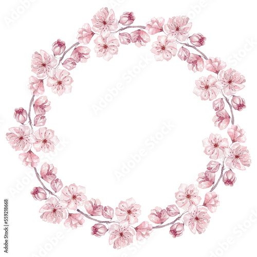 Watercolor Cherry Frame . Sakura Blossom Wedding Wreath.