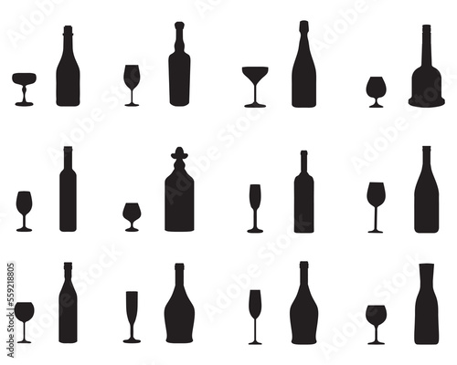 Black silhouettes of drink glasses and bottles on a white background