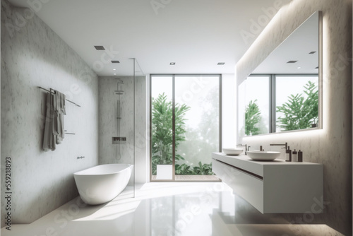 Luxury modern bathroom interior design with glass walk-in shower, spacious large minimal, Stylish vessel sink, mirror, bathtub, toilet bowl, green plants and shampoos in a hotel, apartment, or house
