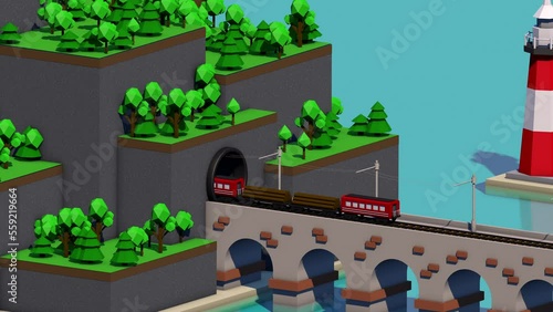 The train rides on the bridge against the background of the lighthouse, CG