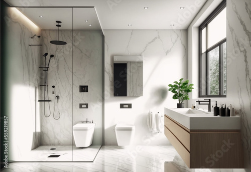 Luxury modern bathroom interior design with glass walk-in shower, spacious large minimal, Stylish vessel sink, mirror, toilet bowl, green plants and shampoos in a hotel, apartment, or house