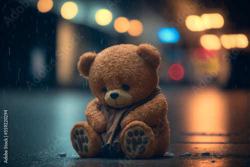 Sad teddy bear sits at night on the street in the rain. Generative AI