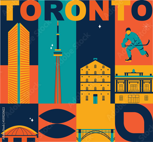 Typography word Toronto branding technology concept. Collection of flat vector web icons. Canadian culture travel set, architectures, specialties detailed silhouette. Doodle American famous landmark