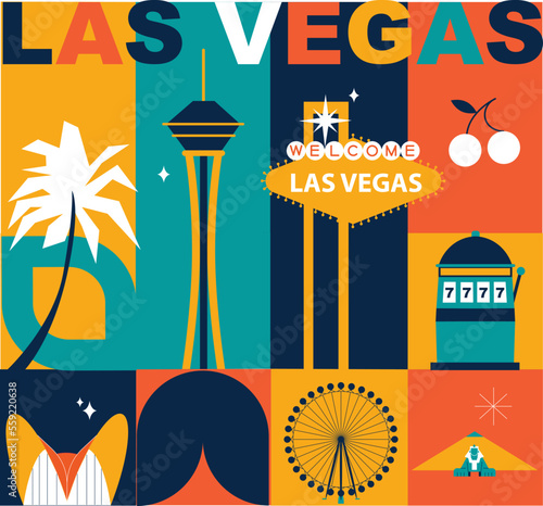 Las Vegas culture travel set, famous architectures and specialties in flat design. Business US tourism concept clipart. Image for presentation, banner, website, advert, flyer, roadmap, icons