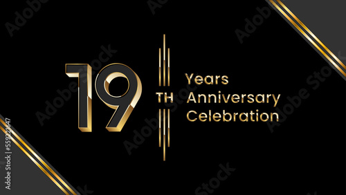 19th Anniversary. Anniversary template design with golden text for anniversary celebration event. Vector Templates Illustration
