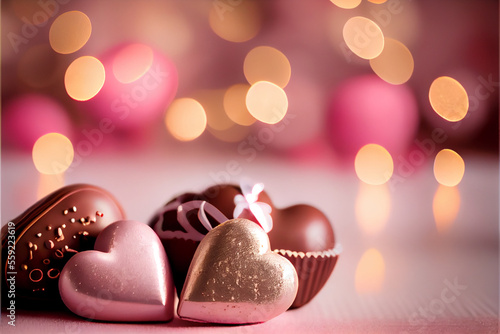 Cute Valentine's day romantic scene with chocolates and hearts on a pink background against white bokeh lights background © Trendboyt