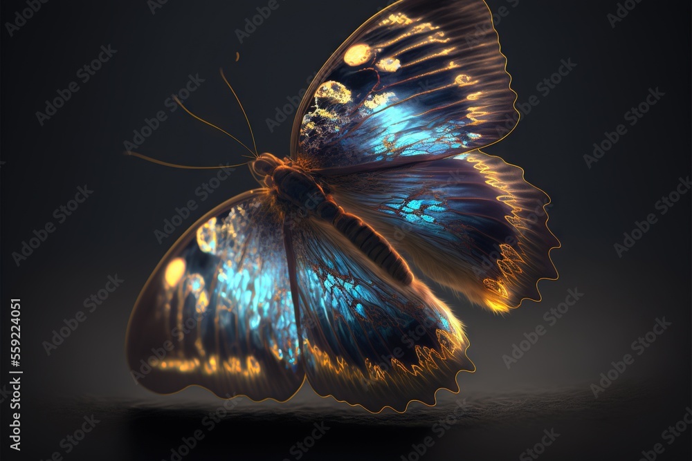 a blue butterfly with yellow spots on its wings and wings spread out ...