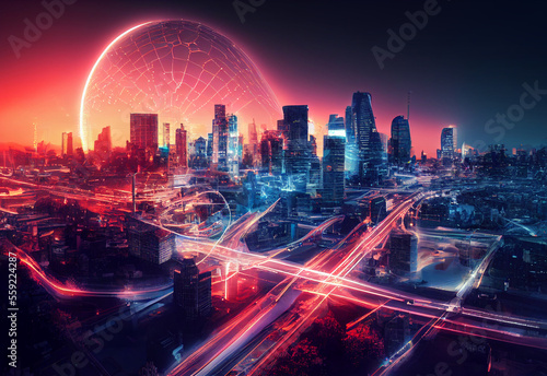 Modern concept of urban landscape and communication network. high-speed internet connection visualized as cables linking up in a spectacular futuristic and cyberpunk cityscape with skyscrapers.. © Ivan
