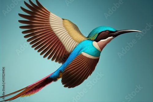 a colorful bird flying through the air with its wings spread out and wings spread out to the side of the bird, with a blue background of a blue sky and a few white,. Generative AI