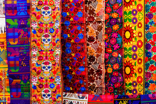 Handmade colorful fabric with pattern on Chichicastenango market photo
