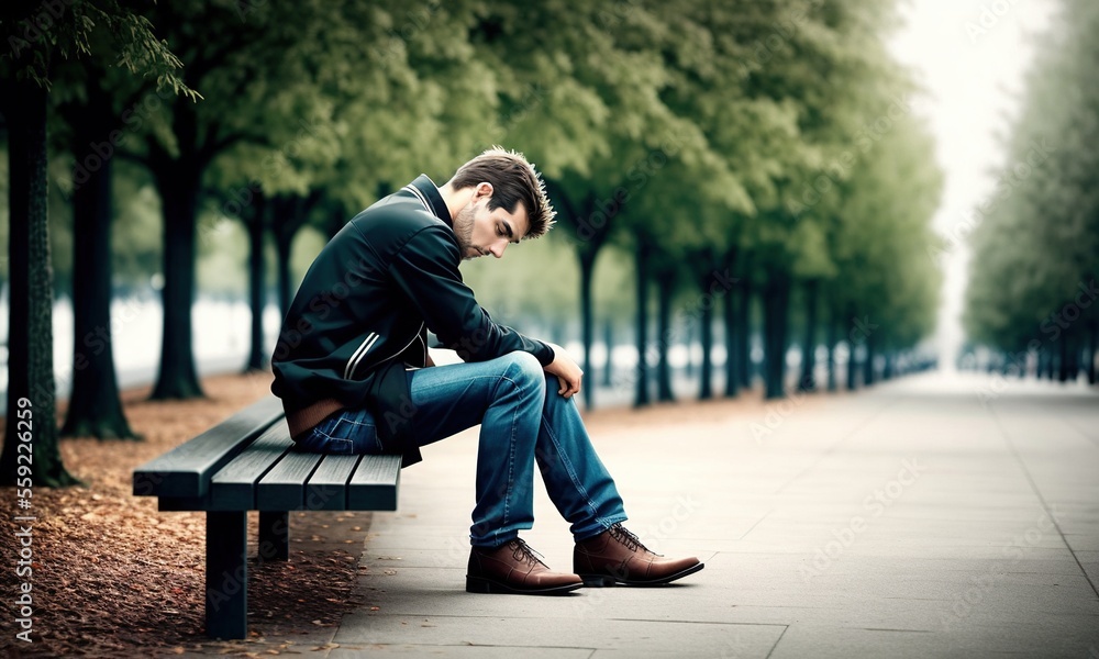 Sad heartbroken man sitting alone in the park. Generative AI.