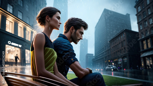 A man and a woman in a romantic relationship sit on a bench in the rain in a city with buildings and a street. Generative AI.