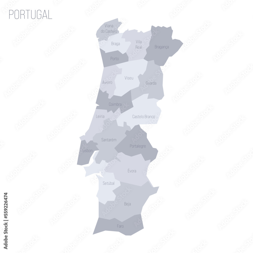 Portugal political map of administrative divisions - districts. Grey vector map with labels.