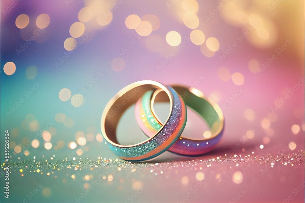 two gold wedding rings on an abstract rainbow lights background of the