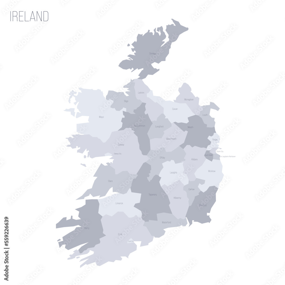 Ireland political map of administrative divisions - counties and cities. Grey vector map with labels.