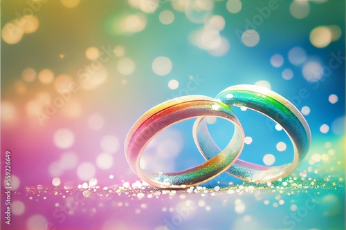 A pair of two engagement or wedding rings on an abstract rainbow background of the LGBT LGBTQI flag, concept of celebrating Valentine's Day, Freedom to Marry Day and same-sex marriage, generative ai
