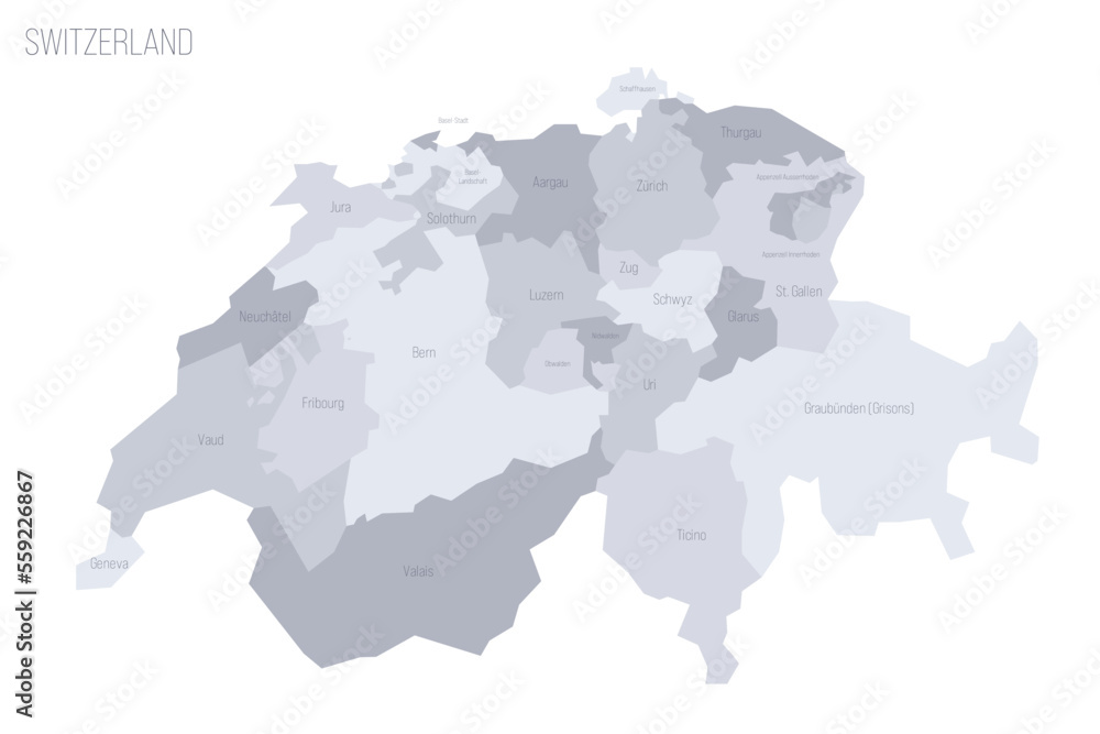 Switzerland political map of administrative divisions - cantons. Grey vector map with labels.