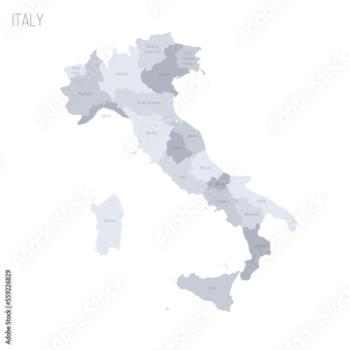 Italy political map of administrative divisions - regions. Grey vector map with labels.