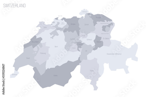 Switzerland political map of administrative divisions - cantons. Grey vector map with labels.
