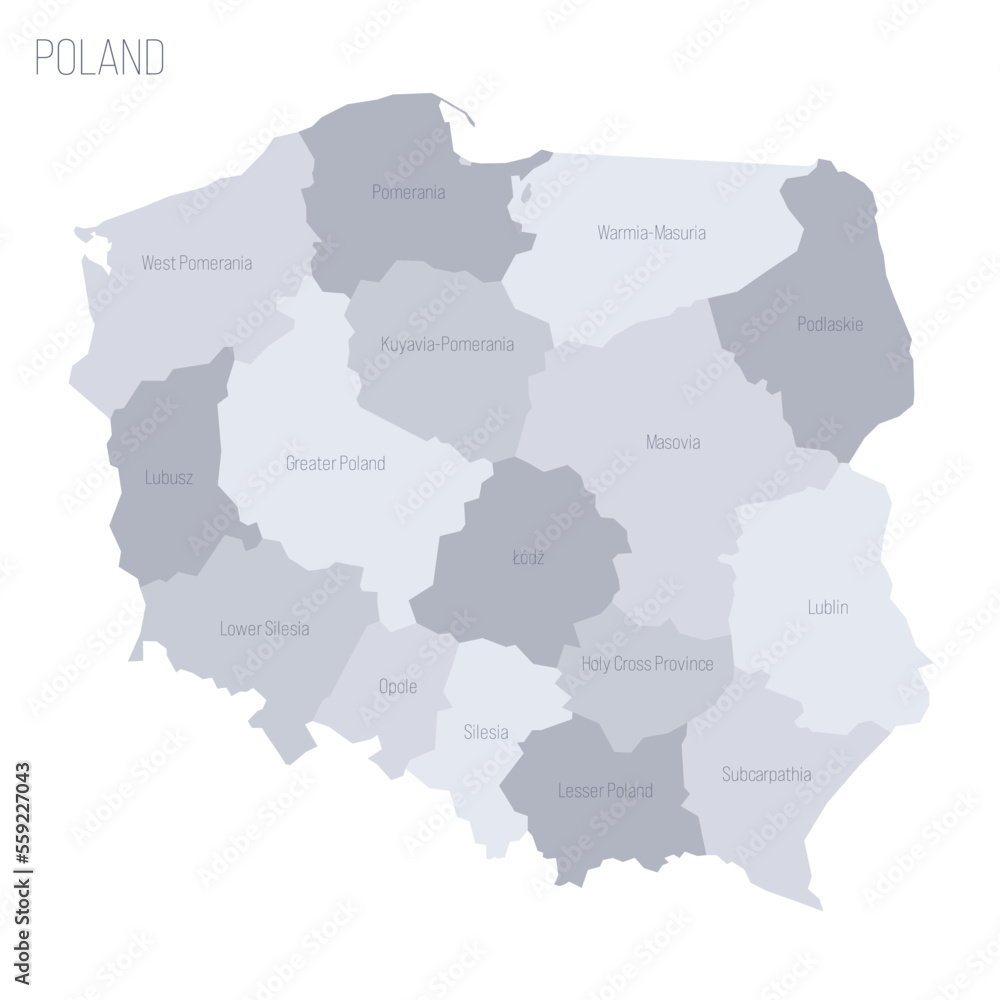 Poland political map of administrative divisions - voivodeships. Grey vector map with labels.