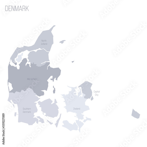 Denmark political map of administrative divisions - regions. Grey vector map with labels.