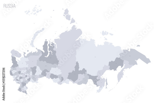 Russia political map of administrative divisions - oblasts, republics, autonomous okrugs, krais, autonomous oblast and 2 federal cities of Moscow and Saint Petersburg. Grey vector map with labels.