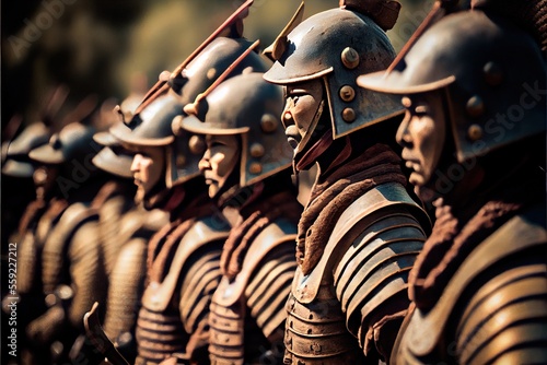 The China ancient army is preparing for battle. A formation of China ancient soldiers. Generative AI Art.