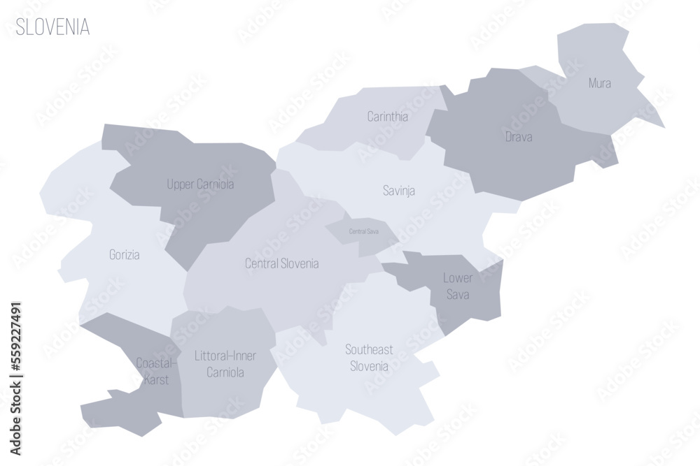 Slovenia political map of administrative divisions - statistical regions. Grey vector map with labels.
