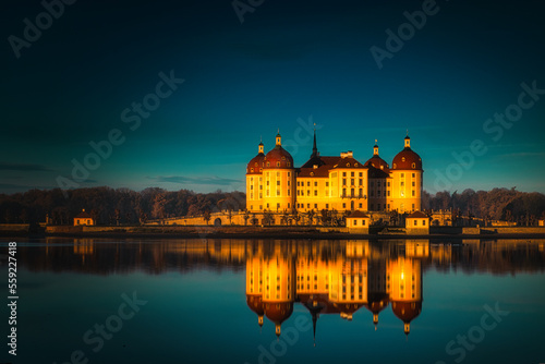 Barockschloss Schloss Moritzburg bei Dresden - Wasserschloss - Jagdschloss - Barock - Moritzburg Castle - Saxony, Germany, Europe - Sunrise - Sunset - High quality photo