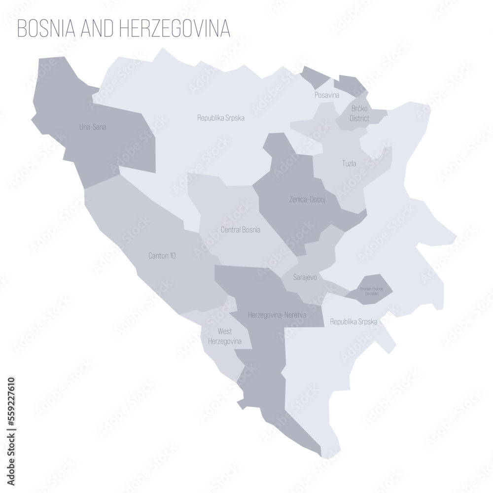 Bosnia and Herzegovina political map of administrative divisions - cantons of Federation of Bosnia and Herzegovina and Republika Srpska. Grey vector map with labels.