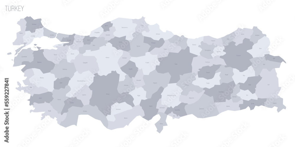 Turkey political map of administrative divisions - provinces. Grey vector map with labels. Turkey political map of administrative divisions - provinces. Grey vector map with labels.