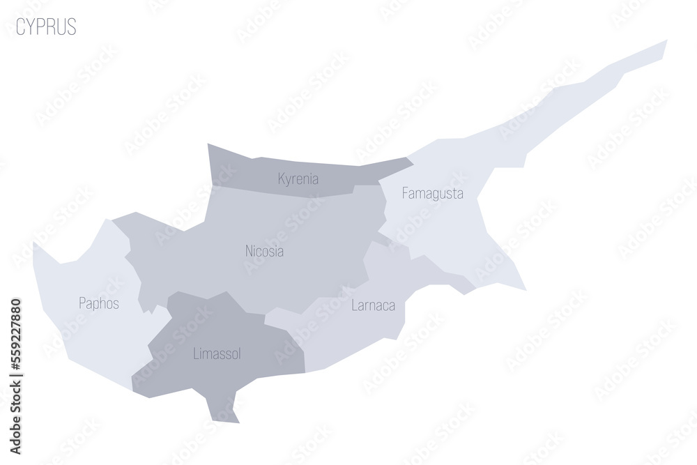 Cyprus political map of administrative divisions - districts. Grey vector map with labels.
