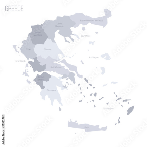 Greece political map of administrative divisions - decentralized administrations and autonomous monastic state of Mount Athos. Grey vector map with labels.