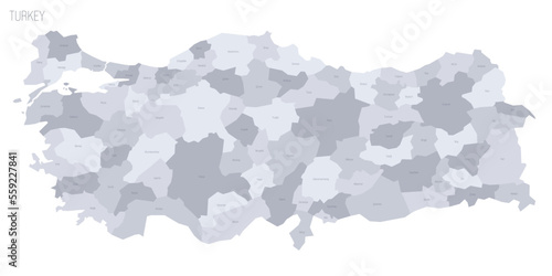 Turkey political map of administrative divisions - provinces. Grey vector map with labels.