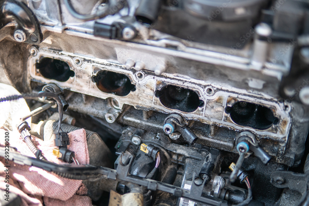dirty engine Intake Close up manifold ports. car engine Dirty intake