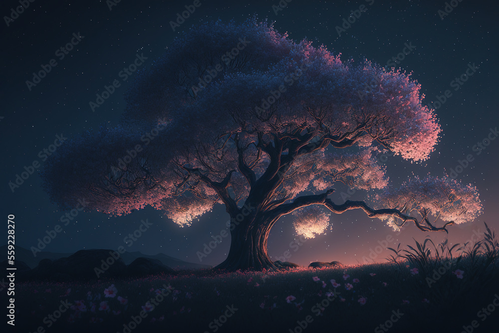 Obraz premium cherry blossom tree, night sky, spring, bloom, landscape, art illustration