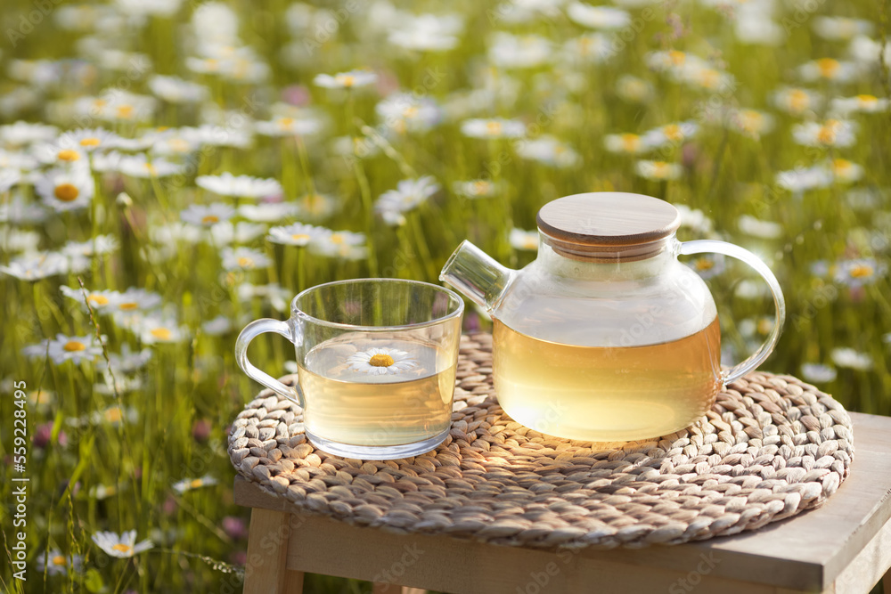 Transparent glass teapot with cup of herbal hot tea at water hyacinth placemate on chamomile field background