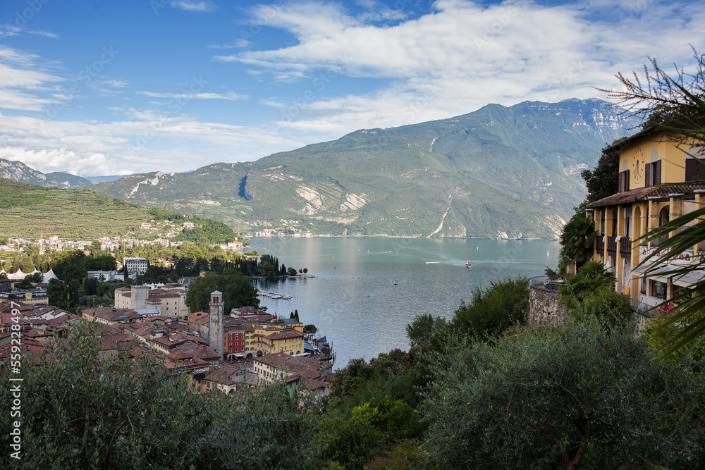View over Riva del Garda and Lake Garda from the path up to the Bastione di Riva (Strada Santa Maria Maddalena) on the slopes of Monte Rocchetta,  Trento, Italy